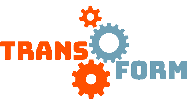 Logo Transform: EIn zweiteiliger Schriftzug mit drei sich drehenden Zahnrädern zwischen den beiden Worthälten Trans und Form.