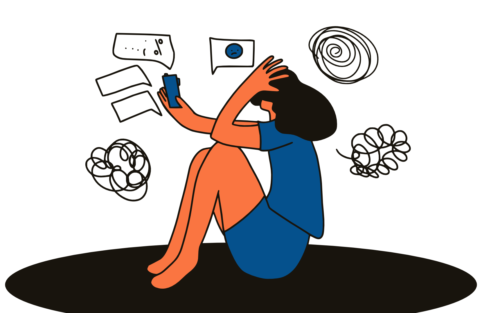 Illustration einer Frau, die am Boden sitzend auf ihr Handy sieht. Aus dem Handy dringen Sprechblasen und Kringel, die Ärger und Durcheinander darstellen sollen. Mit einer Hand rauft sich die Frau die Haare.